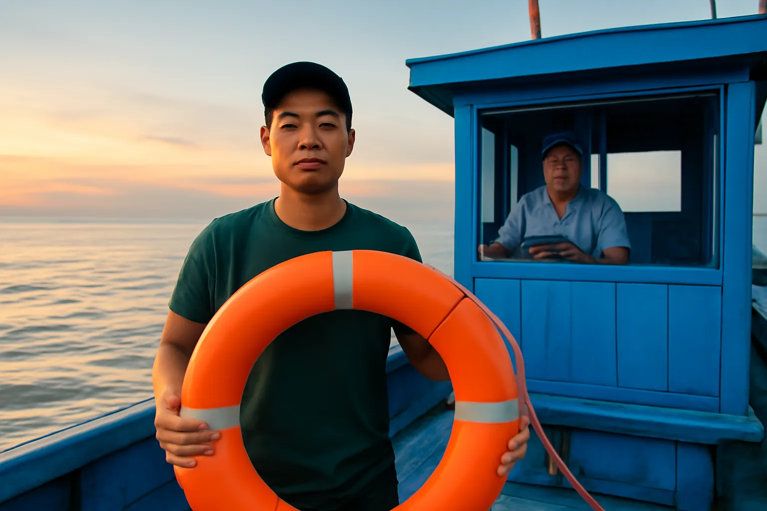 Thuyền viên trẻ cầm phao cứu sinh màu cam đứng trên boong tàu cá lúc chạng vạng