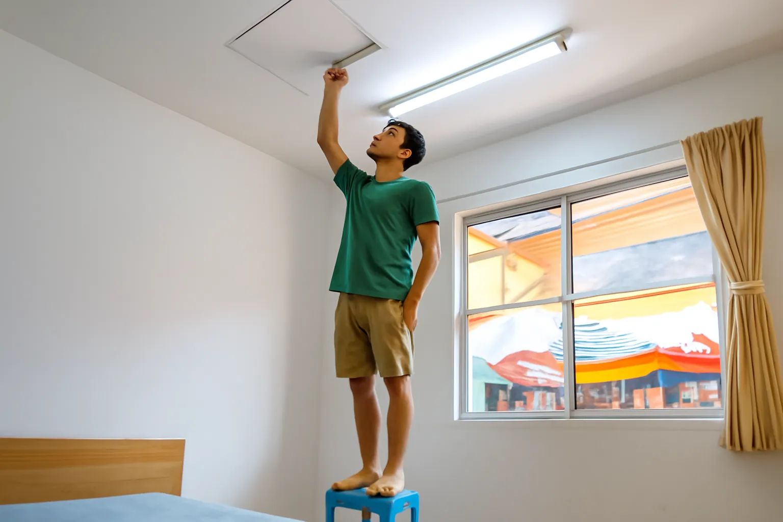 Chàng trai đứng trên ghế nhìn lên ô nắp trần thạch cao trong phòng trọ nhỏ