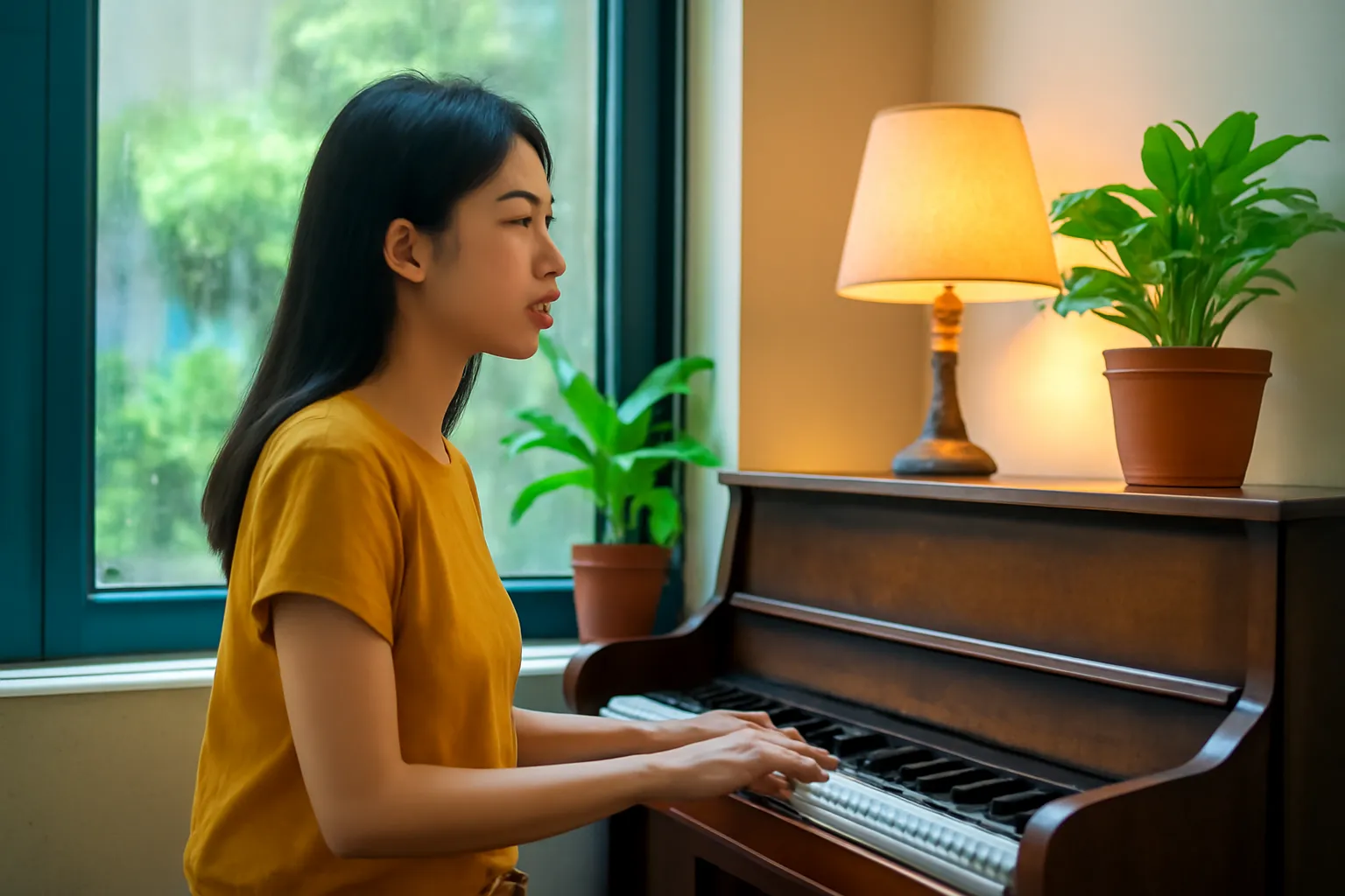 Cô gái trẻ ngồi trước cây đàn piano cũ cạnh cửa sổ có giọt mưa
