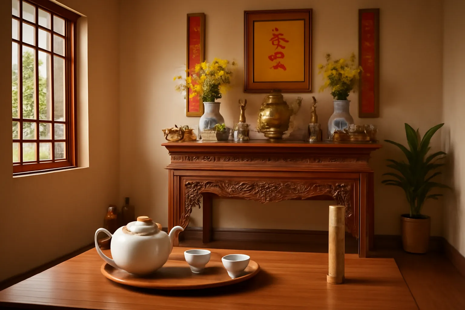 Gian thờ nhà ngói Bắc Bộ, ấm chén và chiếc điếu tre trang trí trên bàn thờ