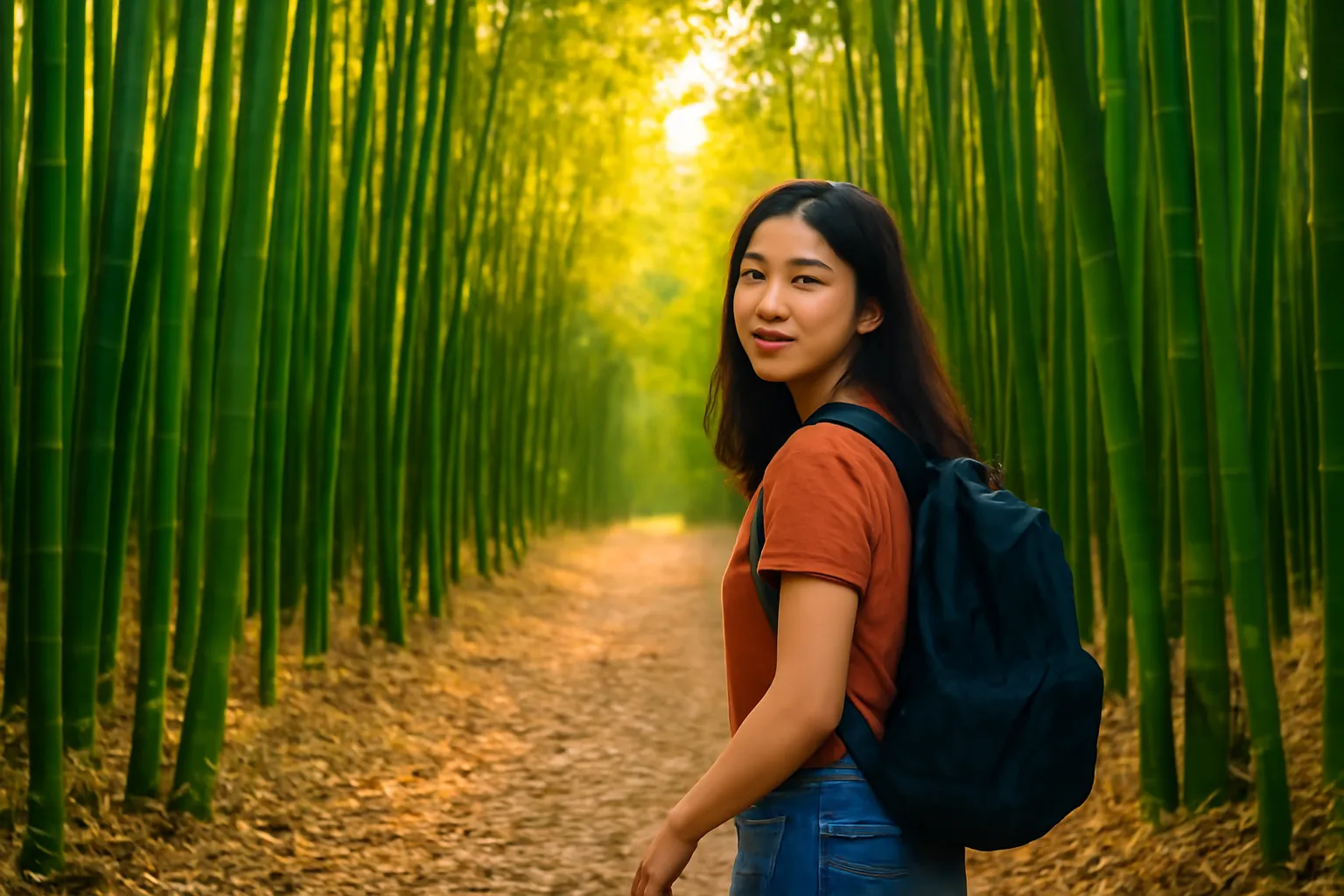 Cô gái đeo ba lô bước ra khỏi rừng trúc xanh cao vút lúc hoàng hôn vàng, ngoảnh lại nhìn, lối đi phủ lá trúc