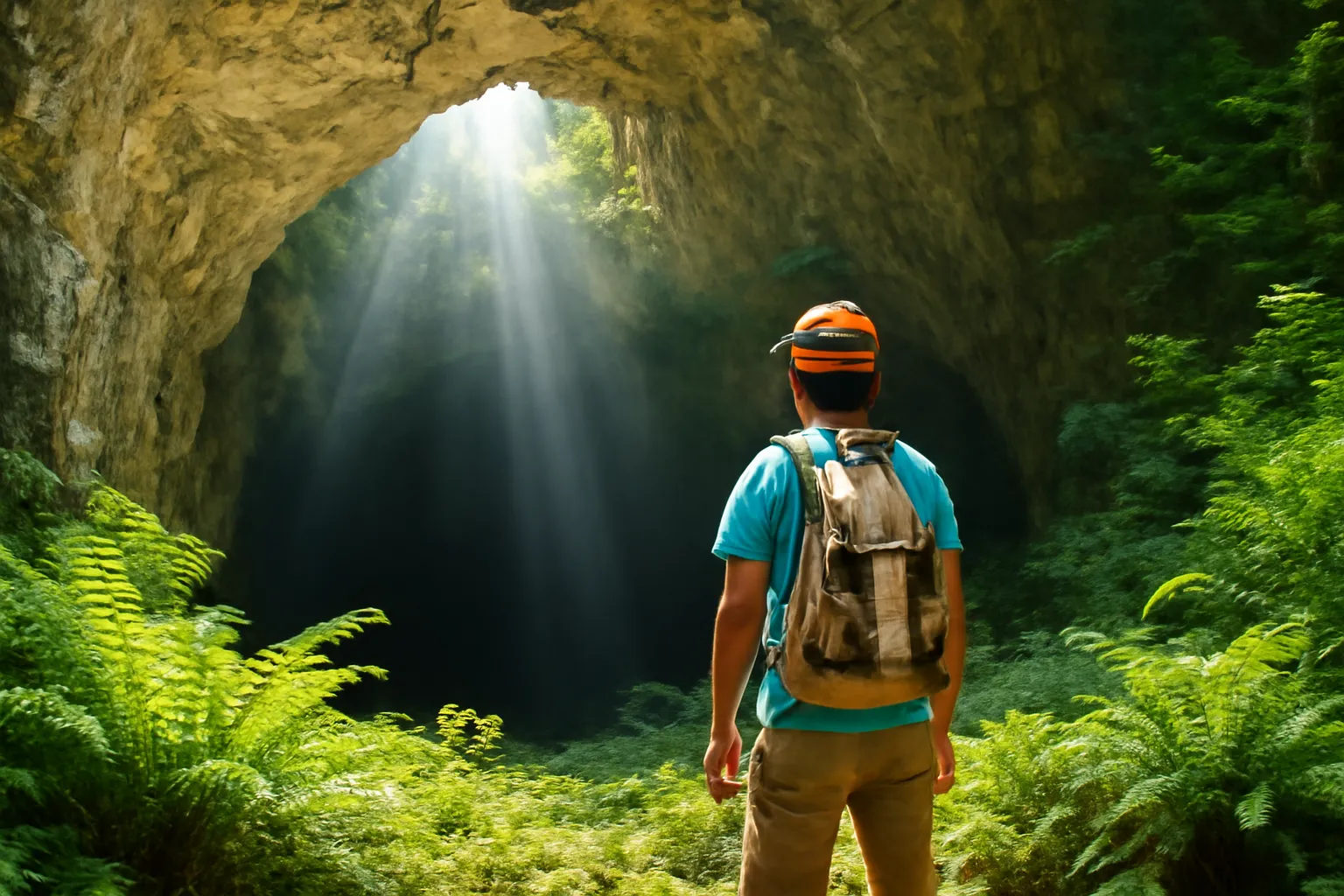 Người đội đèn đội đầu đứng ở cửa hang đá vôi lớn nhìn vào bóng tối