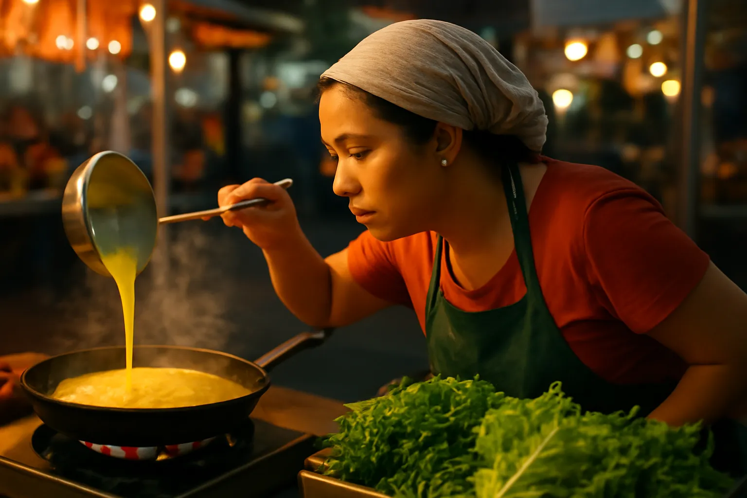 Người phụ nữ đổ bột bánh xèo vào khuôn gang nóng ở quầy chợ đêm