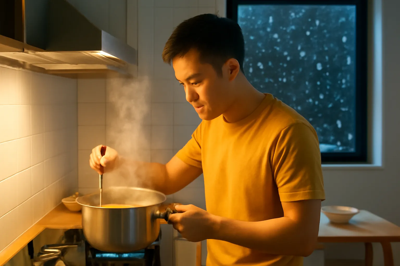 Chàng trai Việt đứng nấu nồi canh trong căn bếp nhỏ, cửa sổ ngoài trời tuyết rơi