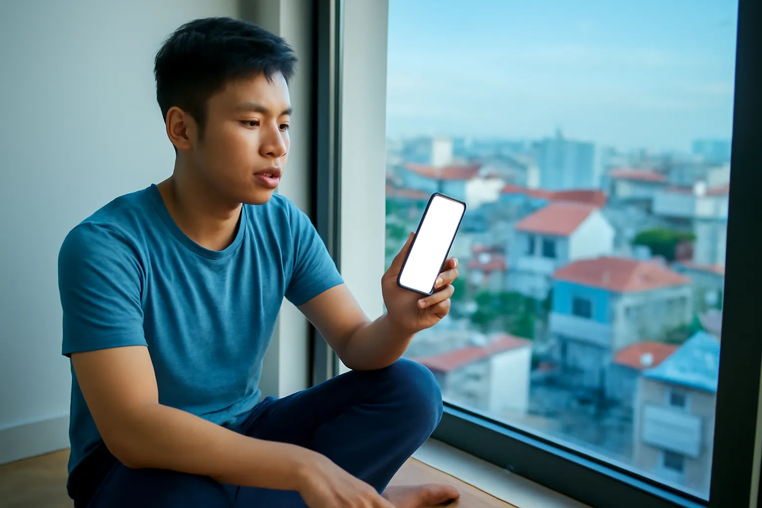 Chàng trai ngồi bên cửa sổ căn hộ lúc rạng sáng cầm điện thoại sáng màn hình trống