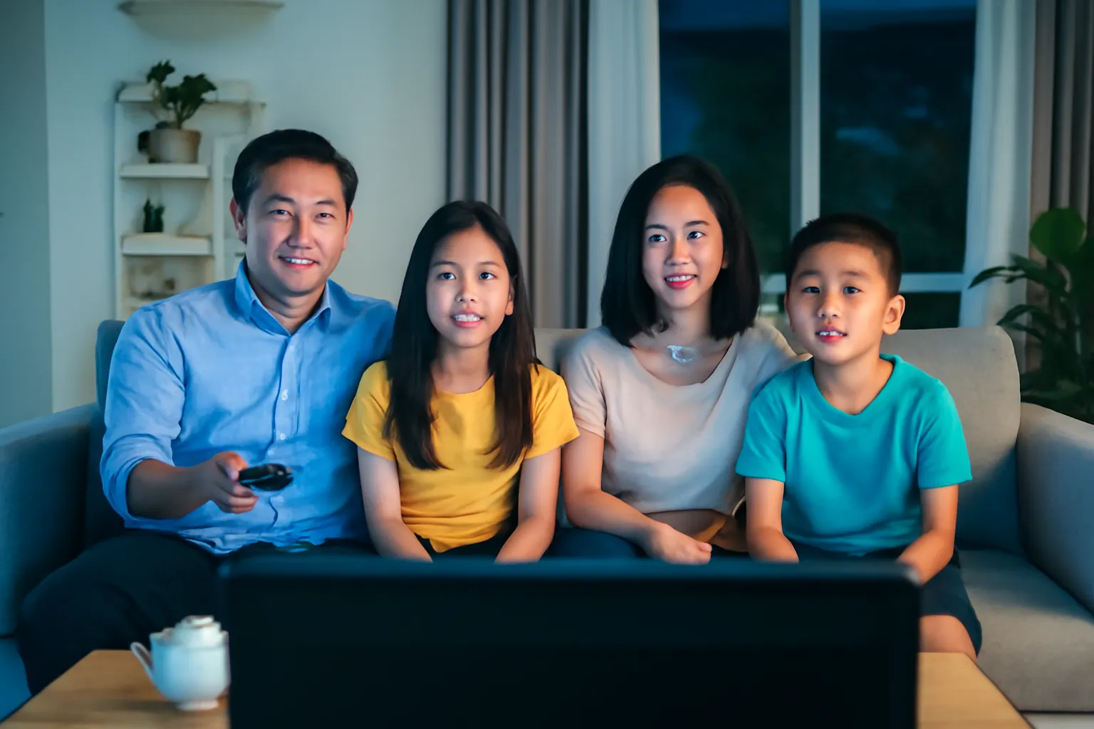 Gia đình bốn người ngồi trên sofa nhìn màn hình tivi lớn trong phòng khách buổi tối