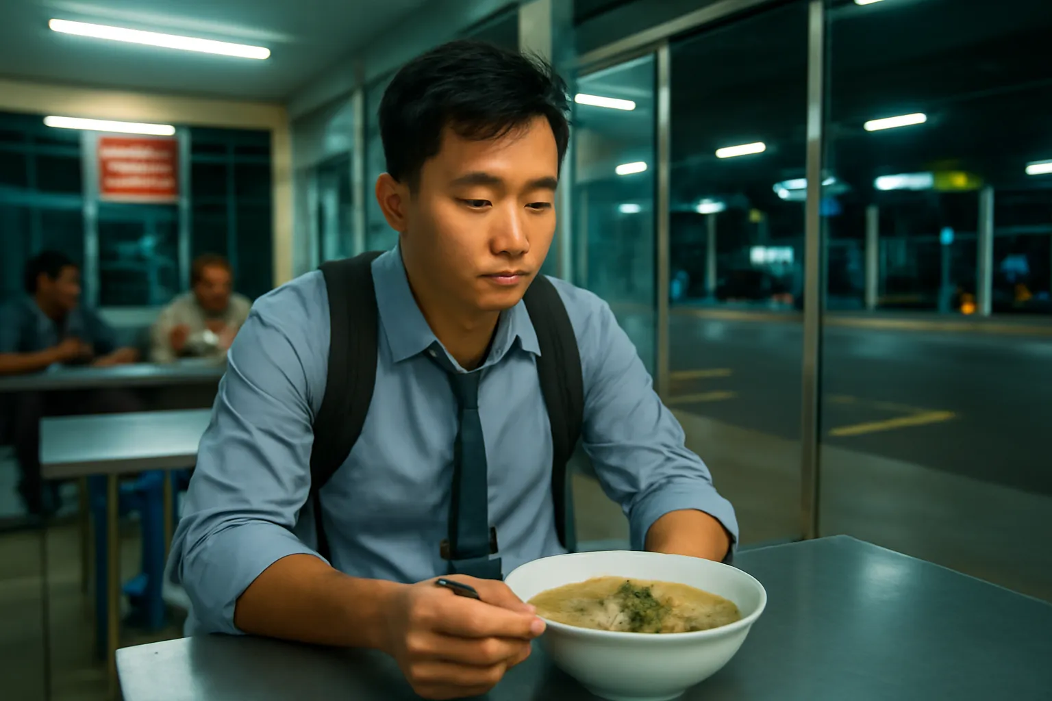 Người đàn ông ngồi một mình bên tô mì nóng trong quán bến xe vắng lúc khuya