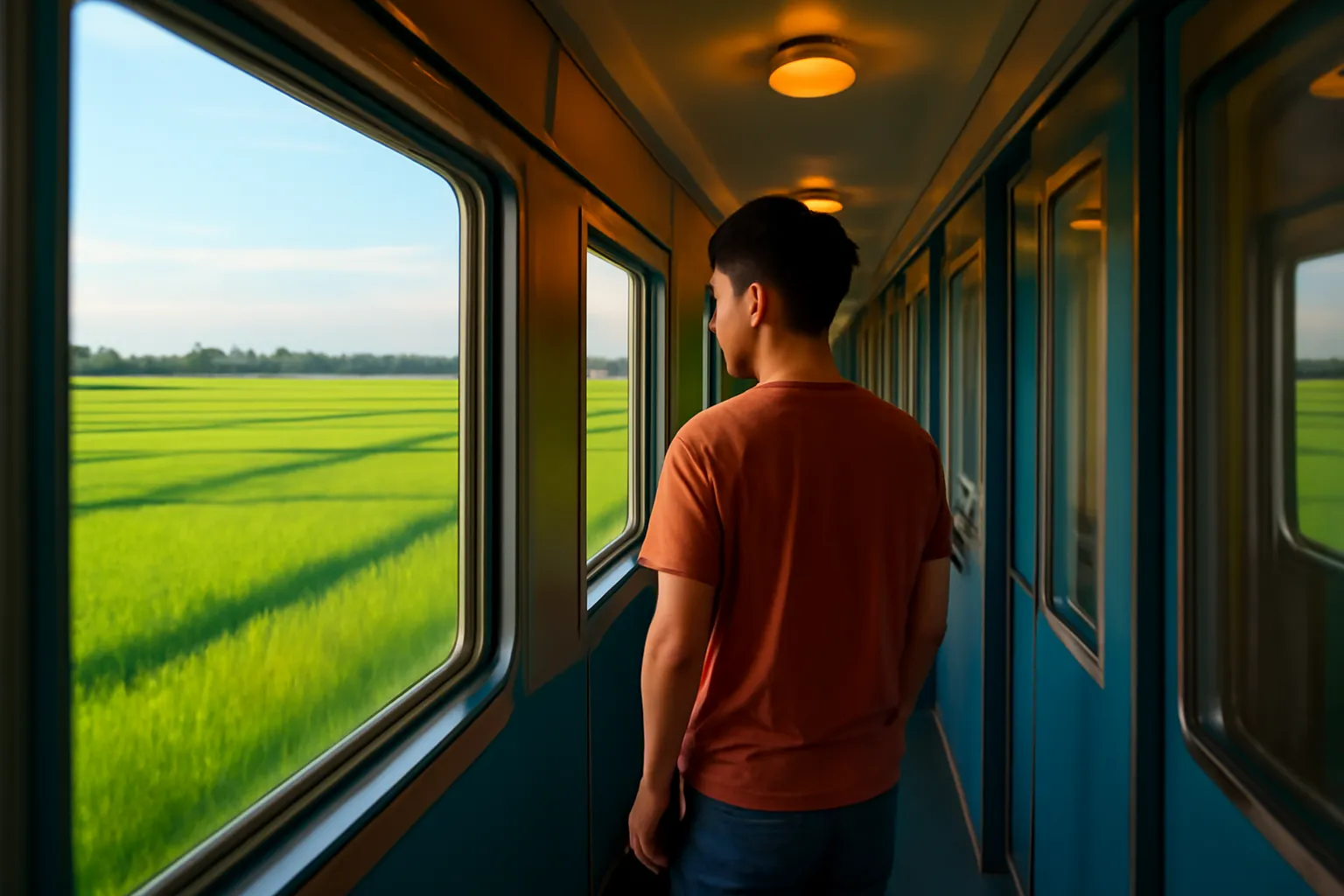 Hành lang toa tàu đêm ánh đèn vàng ấm, cửa sổ nhìn ra cánh đồng lúc chạng vạng