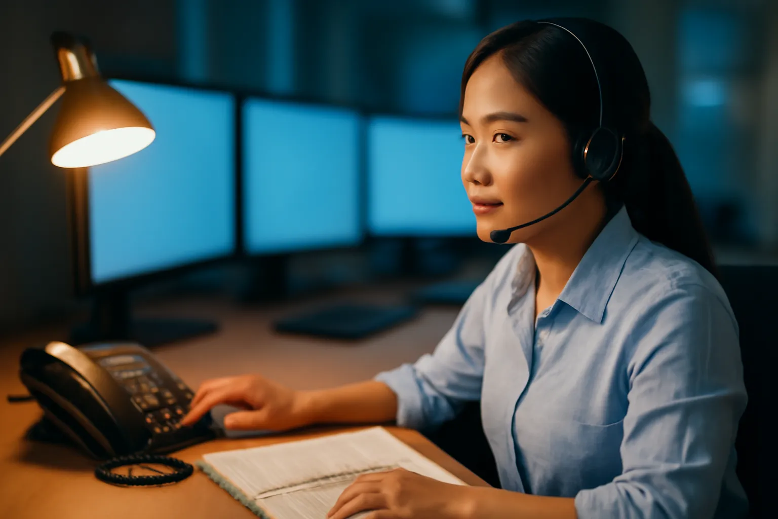 Nữ tổng đài viên đeo tai nghe ngồi trước bàn trực sáng đèn lúc khuya