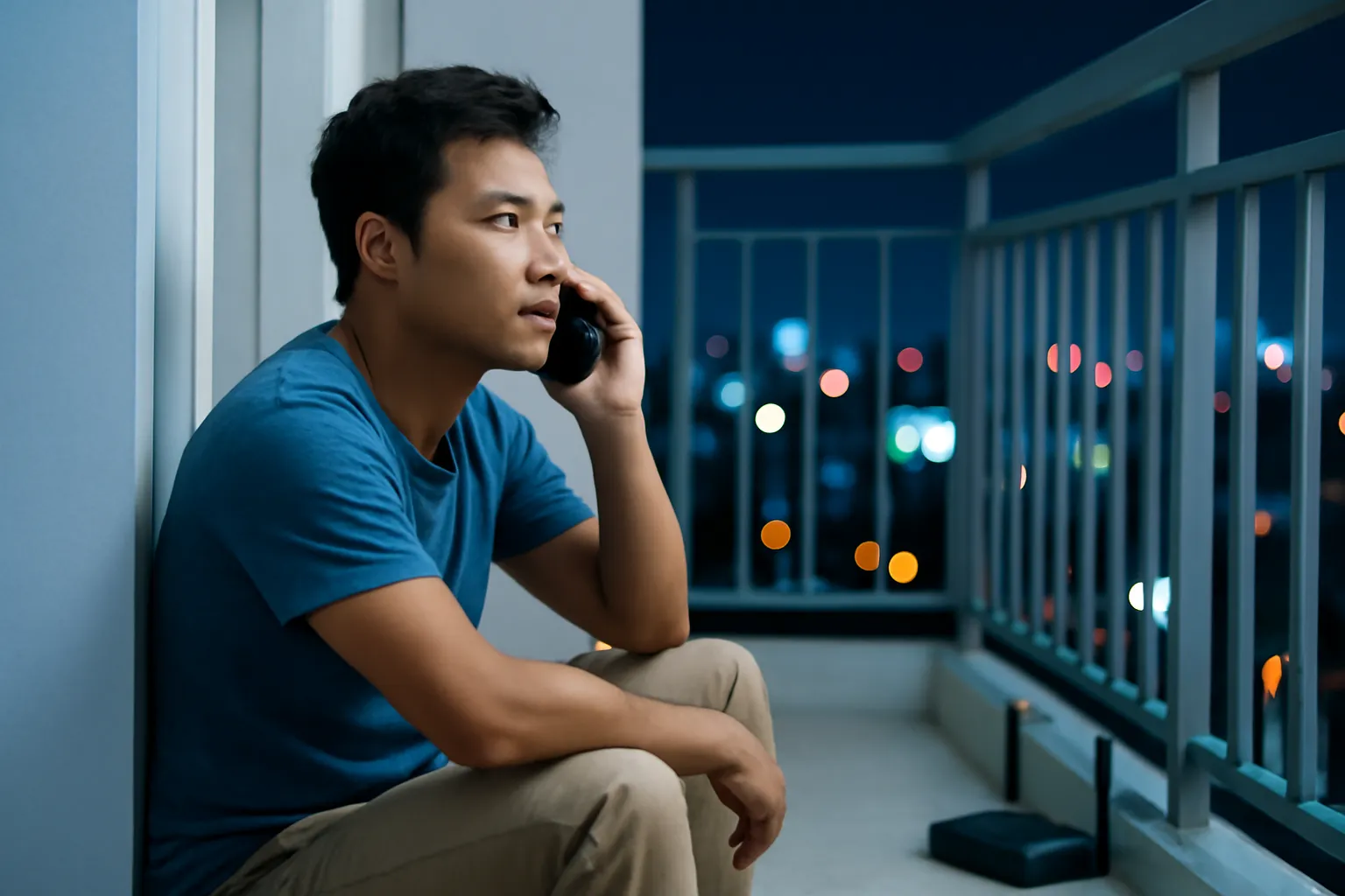 Người đàn ông ngồi trên bậc thềm ban công cầm điện thoại áp tai giữa đêm