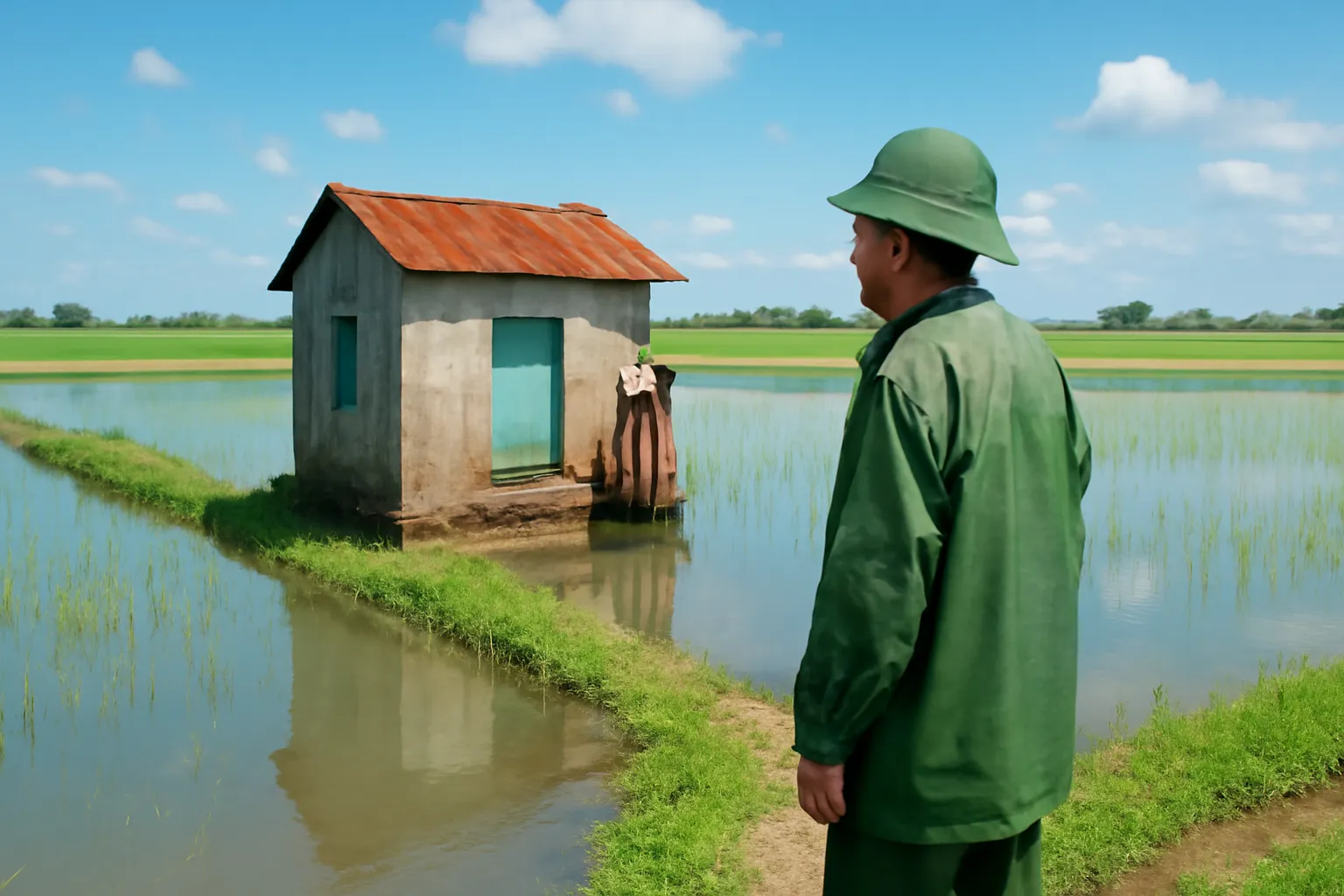 Ông lão mặc áo mưa đứng trên bờ đê nhìn trạm bơm mái tôn cũ giữa đồng