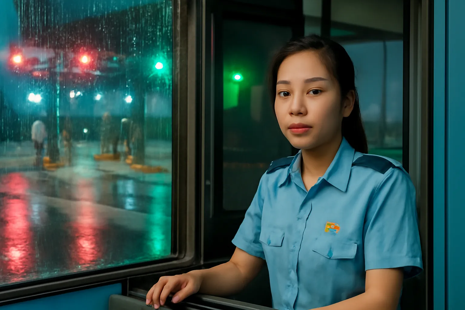 Nữ nhân viên trong ca bin trạm thu phí nhìn ra làn xe ướt mưa ban đêm