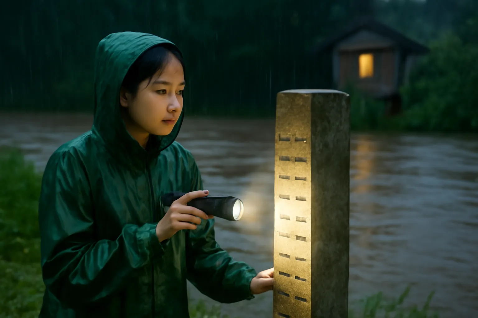 Cô gái mặc áo mưa soi đèn pin lên cọc đo mực nước bằng bê tông bên bờ sông lúc đêm mưa