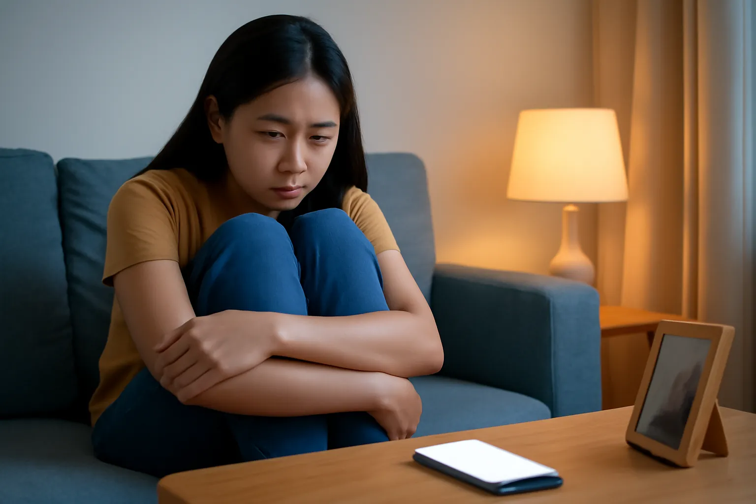Người phụ nữ trẻ ngồi ôm gối trên sô pha, điện thoại đặt trên bàn trà phát sáng
