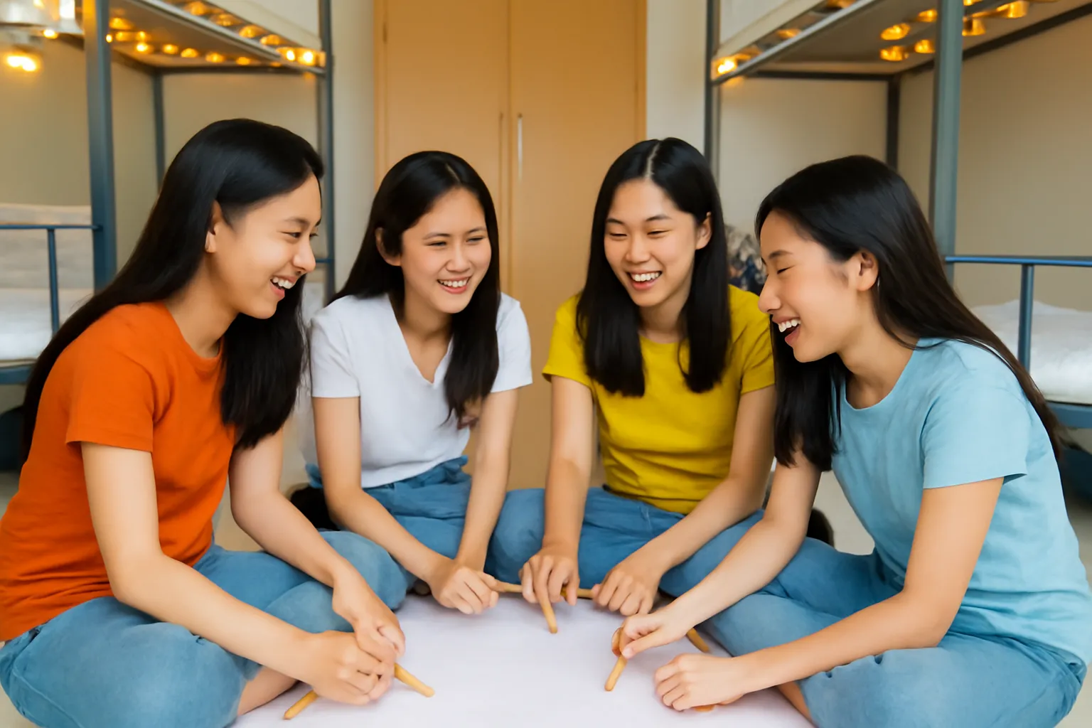 Bốn nữ sinh viên ngồi bệt sàn phòng ký túc xá cười đùa quanh tờ giấy dưới dây đèn
