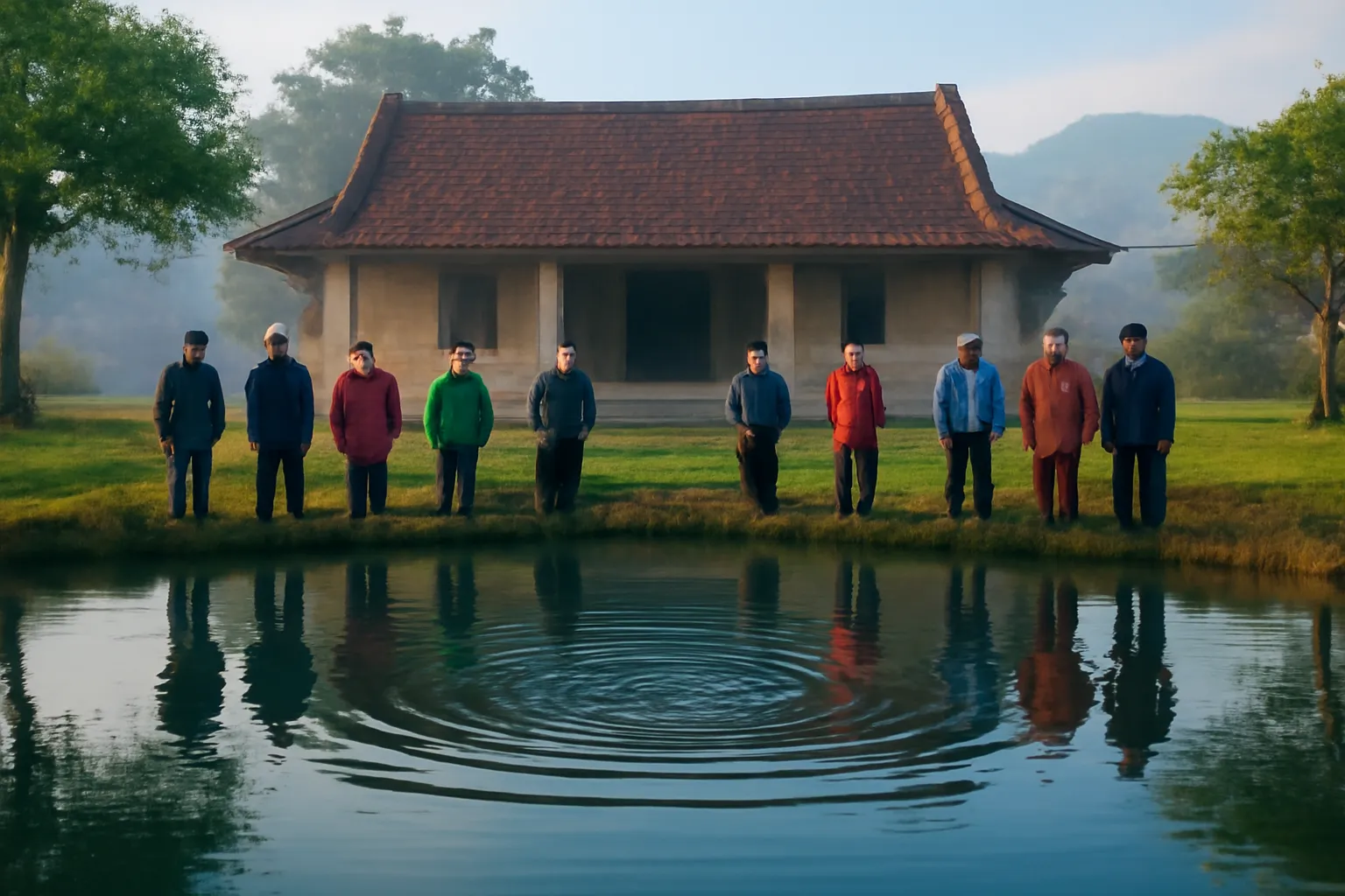 Dân làng đứng quanh bờ ao trước đình lúc bình minh, mặt nước gợn những vòng tròn đồng tâm