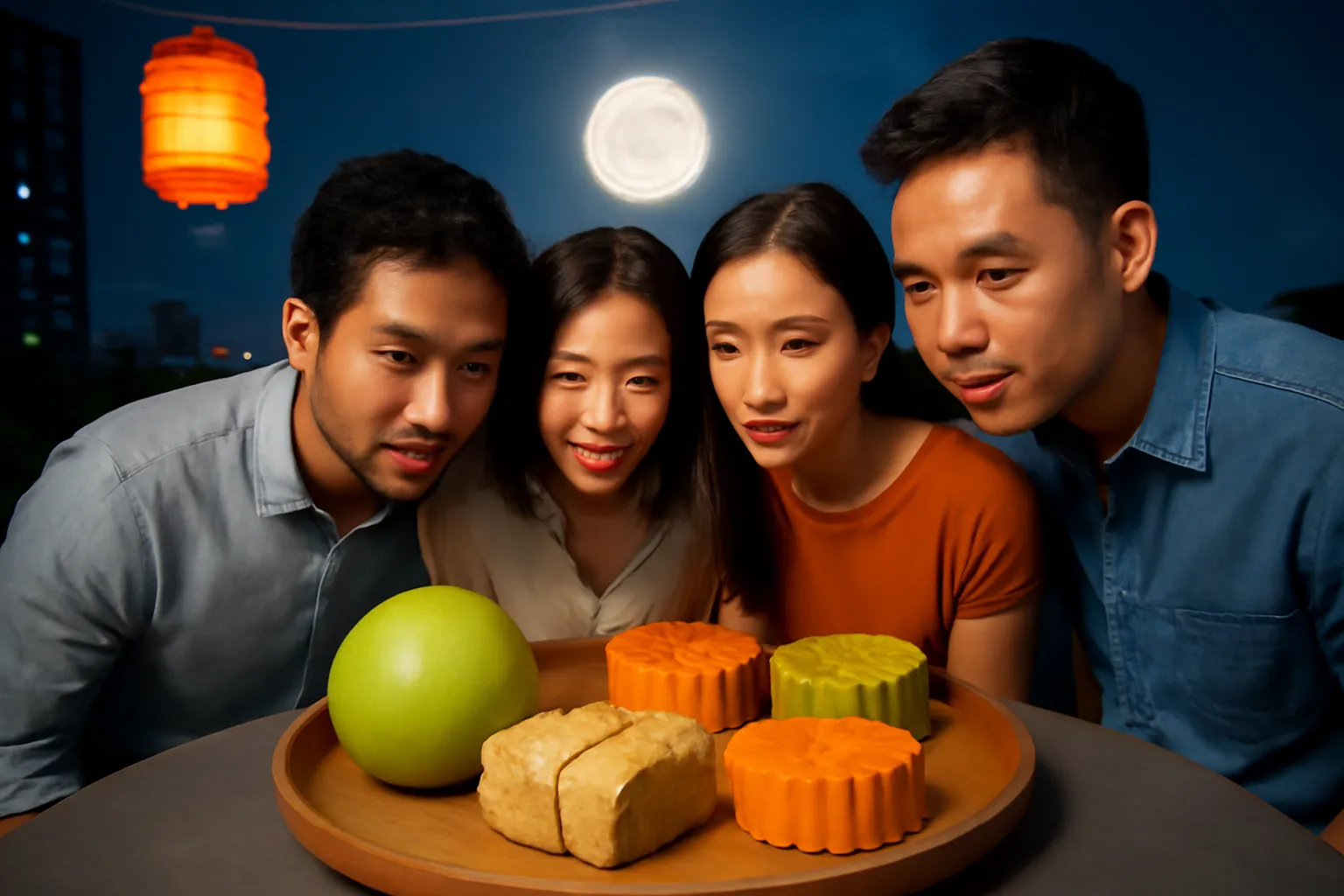 Mâm cỗ Trung thu trên sân thượng có chiếc bánh nướng gói giấy dầu nâu cũ