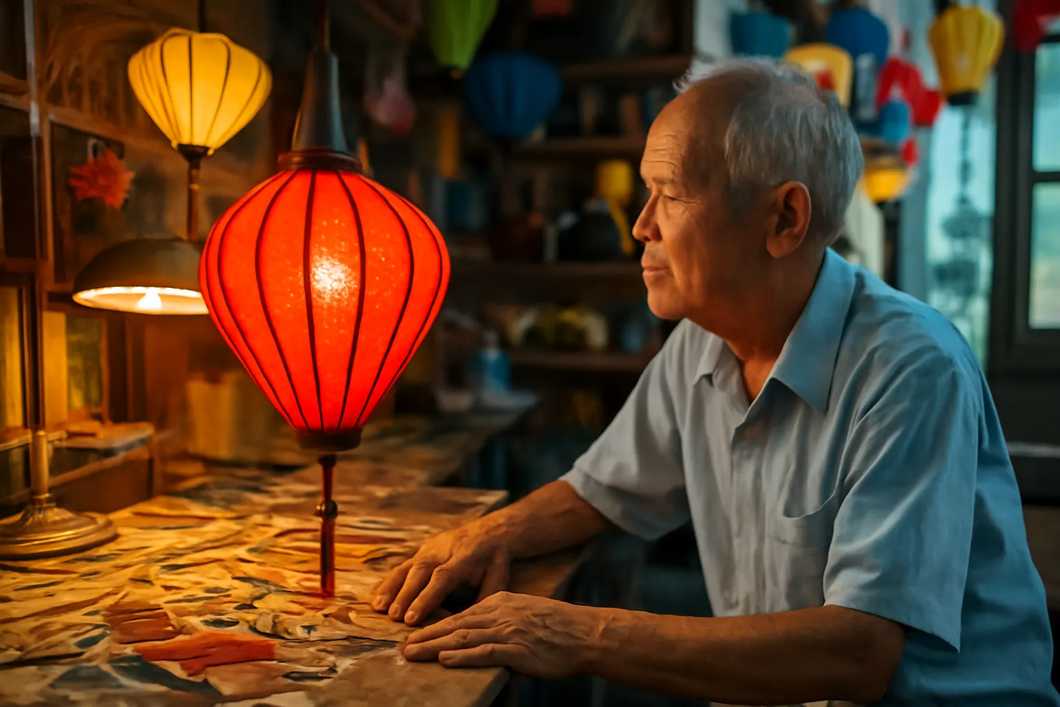 Ông thợ già ngồi bên bàn gỗ nhìn chiếc đèn kéo quân giấy đỏ đang quay