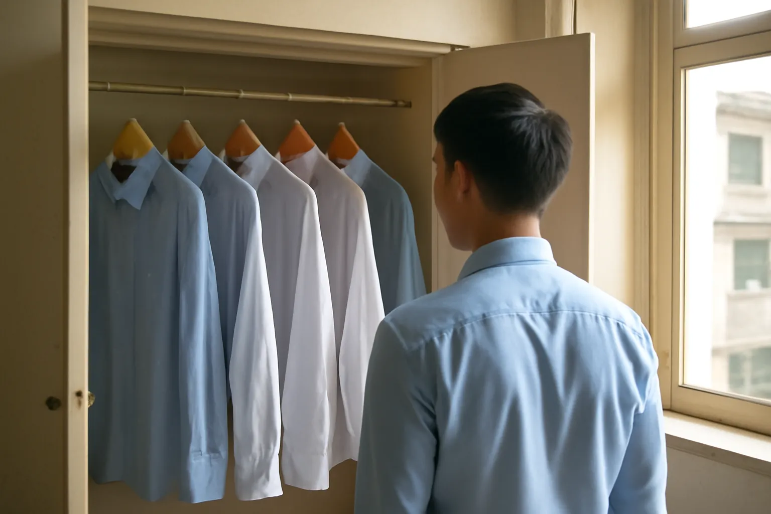 Chàng trai đứng trước tủ âm tường mở toang trong căn hộ cũ, ánh sáng sớm từ cửa sổ, hàng móc áo treo đầy