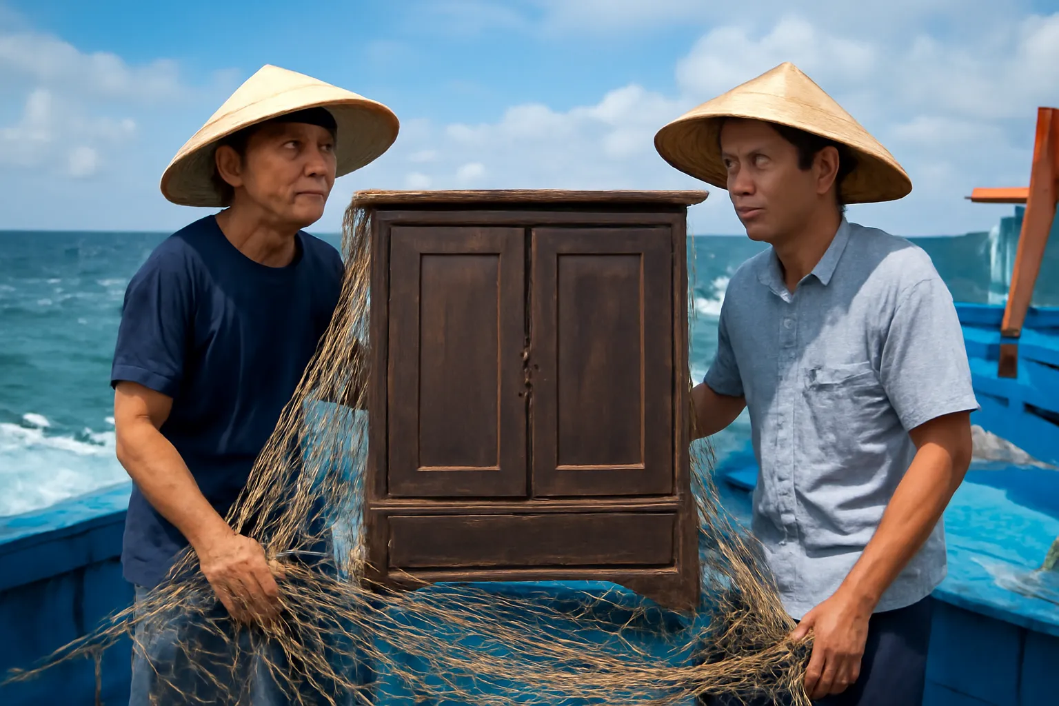 Hai người đàn ông trên boong tàu cá nhìn chiếc tủ gỗ cũ vừa vớt lên còn quấn lưới