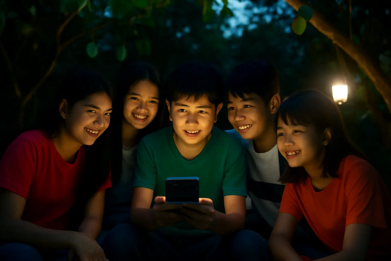 Nhóm học sinh chụm đầu nhìn màn hình điện thoại phát sáng giữa vườn cây ban đêm