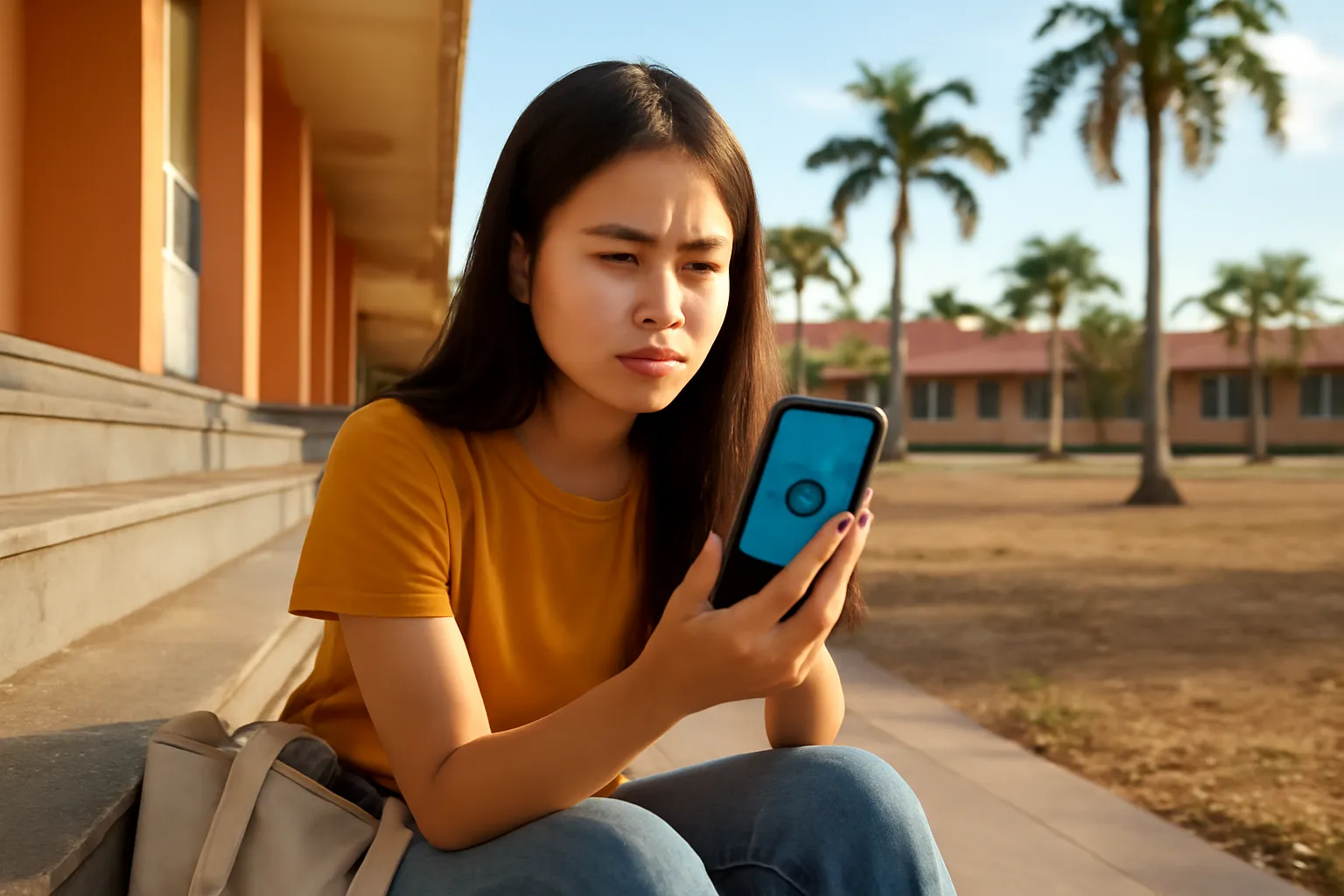 Cô gái ngồi ở bậc thềm ký túc xá nhìn điện thoại, trời chiều nắng vàng