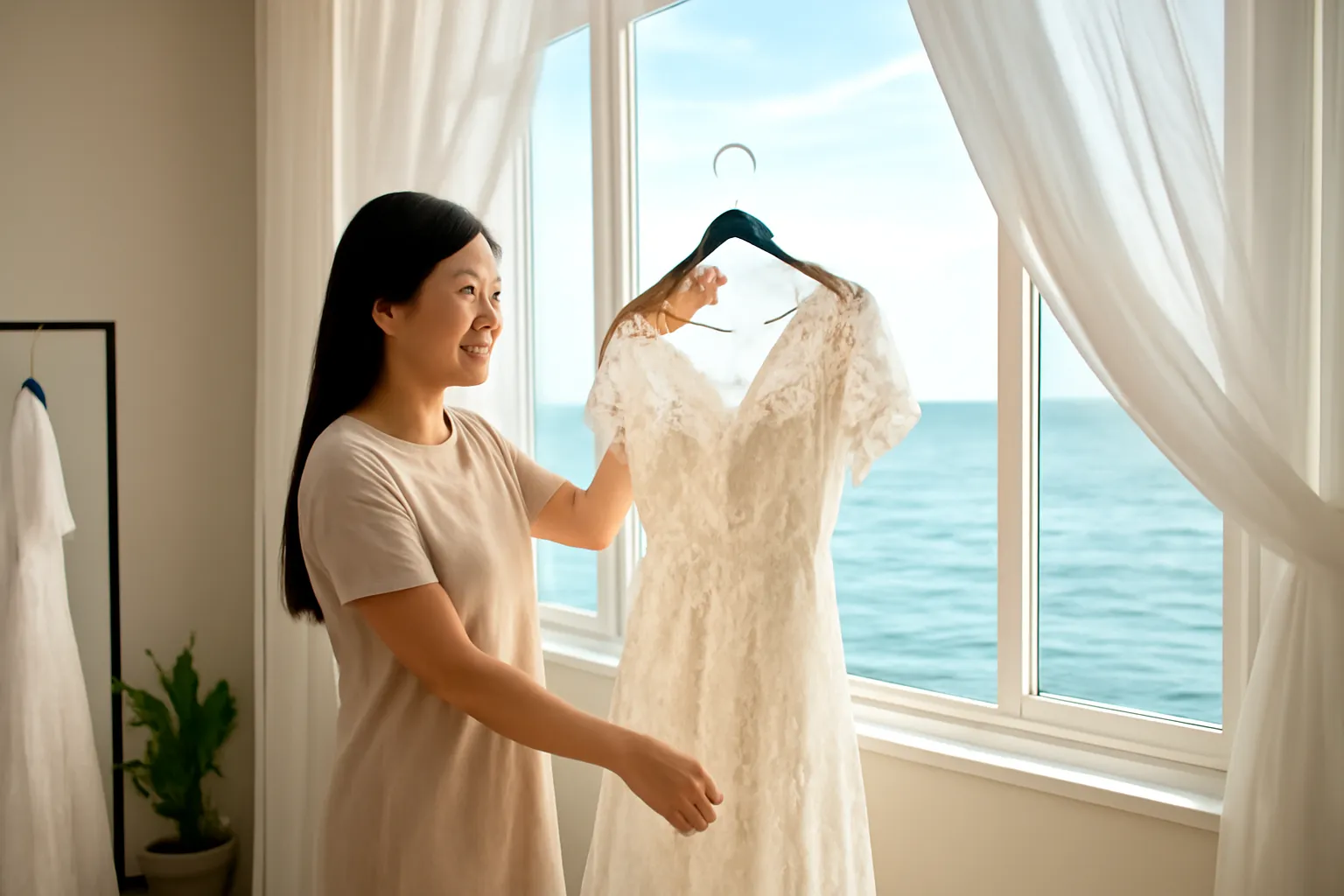Người phụ nữ trẻ treo chiếc váy cưới ren trắng bên cửa sổ nhìn ra biển