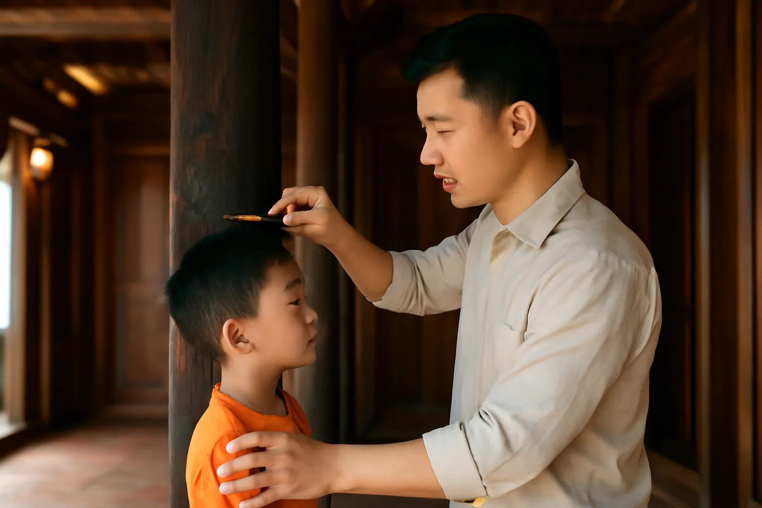 Người cha áp lưng con vào cột gỗ nhà ba gian để đánh dấu chiều cao