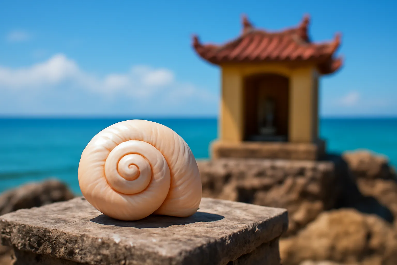 Vỏ ốc xoắn màu kem đặt trên bệ đá của ngôi miếu nhỏ bên bờ biển đảo