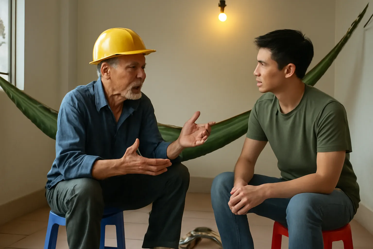 Chiếc võng dù mắc giữa căn phòng trọ đơn sơ, đong đưa nhẹ dưới ánh đèn vàng