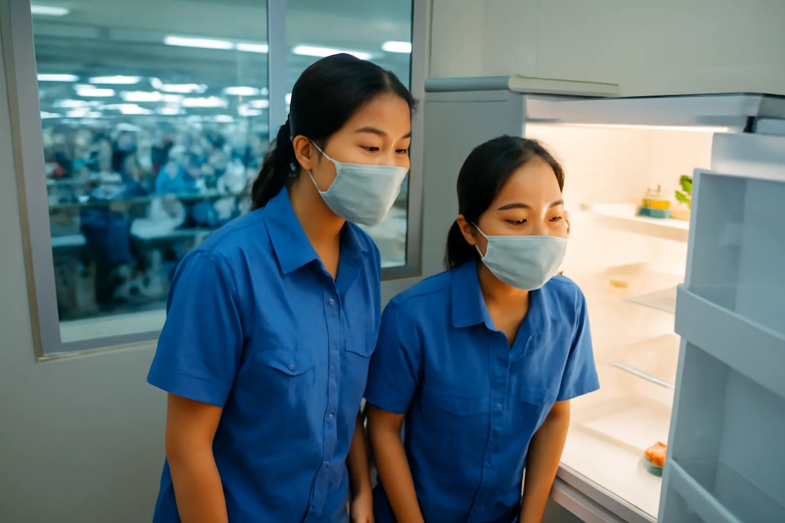 Hai nữ công nhân xưởng may đứng nhìn chiếc tủ lạnh mở cửa trong phòng nghỉ