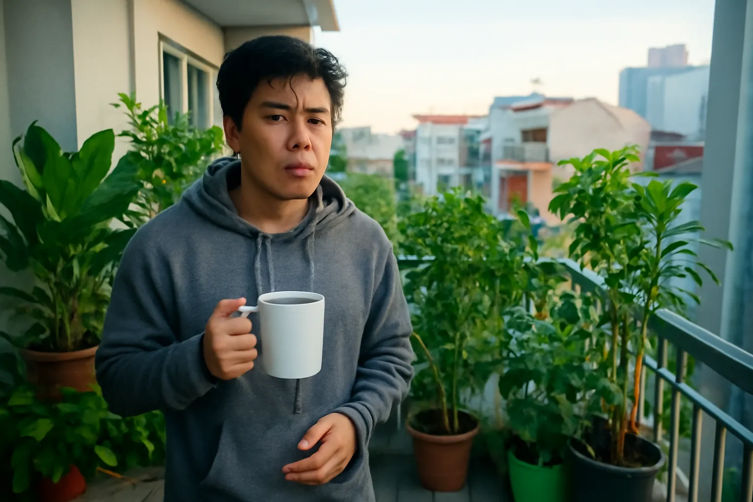 Chàng trai ngái ngủ đứng ở ban công nhìn những chậu cây xanh tốt lúc rạng sáng