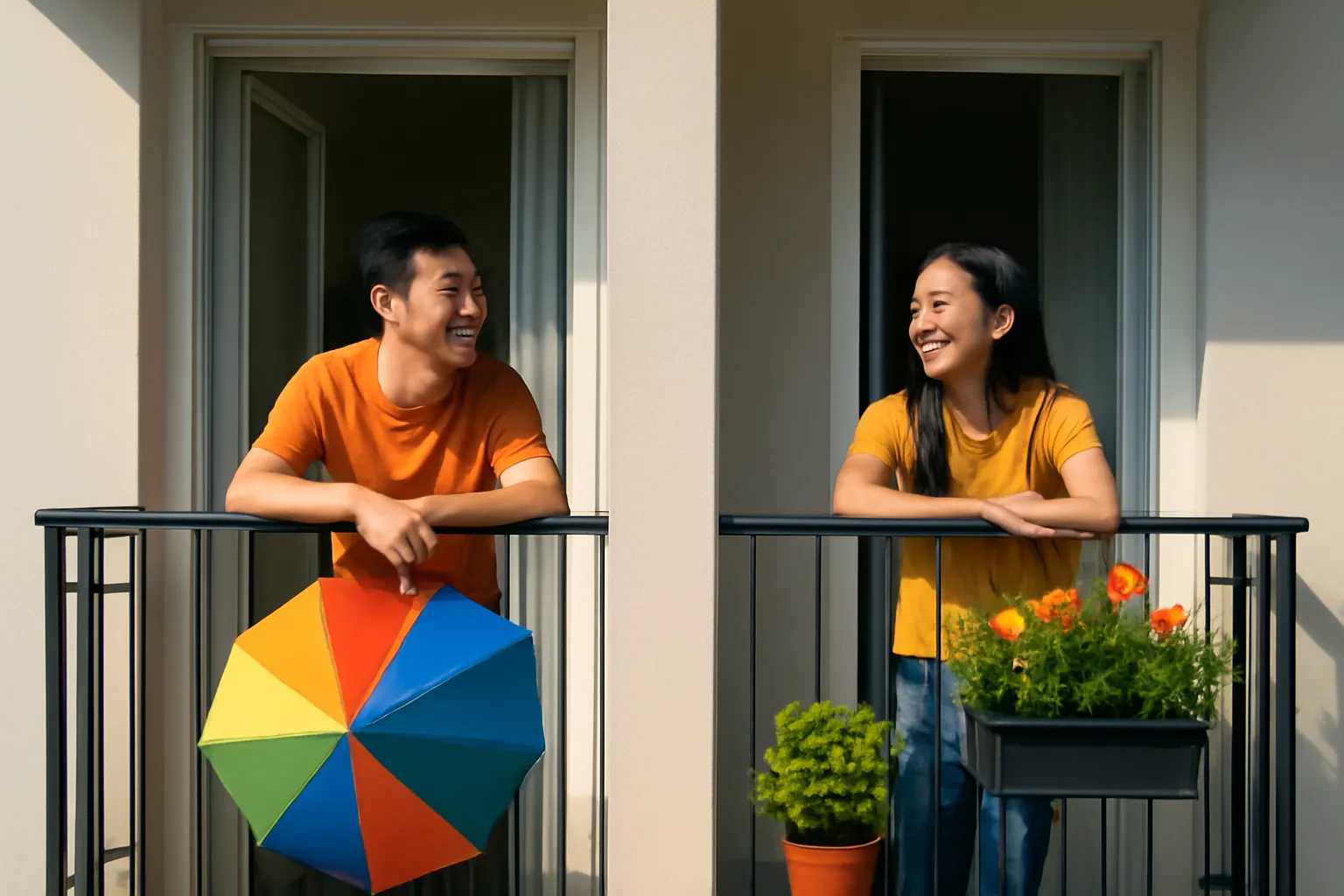 Đôi trai gái trẻ đứng ở hai ban công sát nhau cười nói, chiếc ô vắt ngang lan can