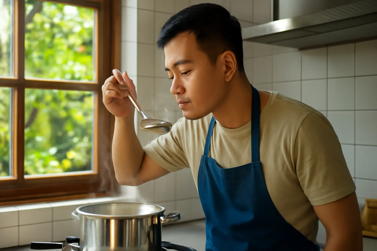 Chàng trai đứng bên bếp nếm nồi canh trong căn bếp nhà vườn