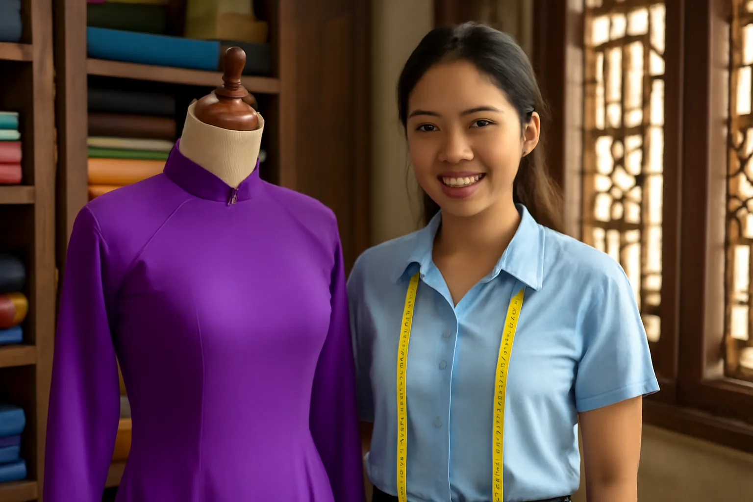 Cô thợ may trẻ đứng cạnh ma nơ canh mặc áo dài tím trong tiệm may nhỏ buổi sớm
