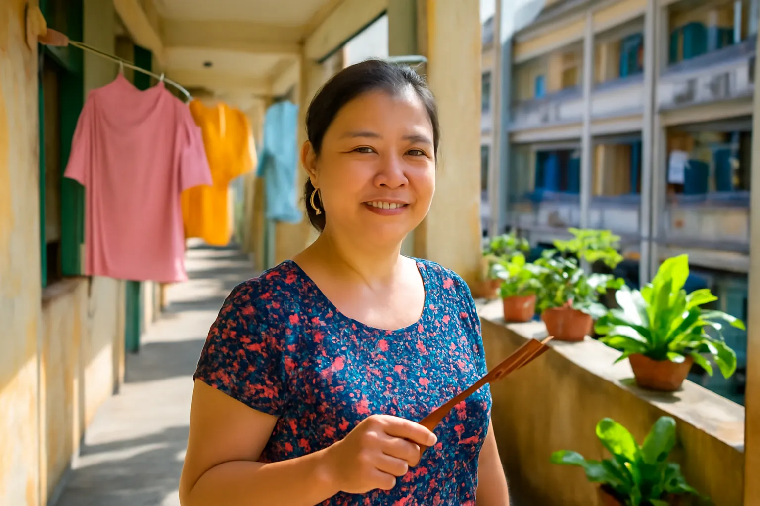 Người phụ nữ trung niên cầm đôi đũa cả gỗ đứng ở hành lang khu tập thể cũ