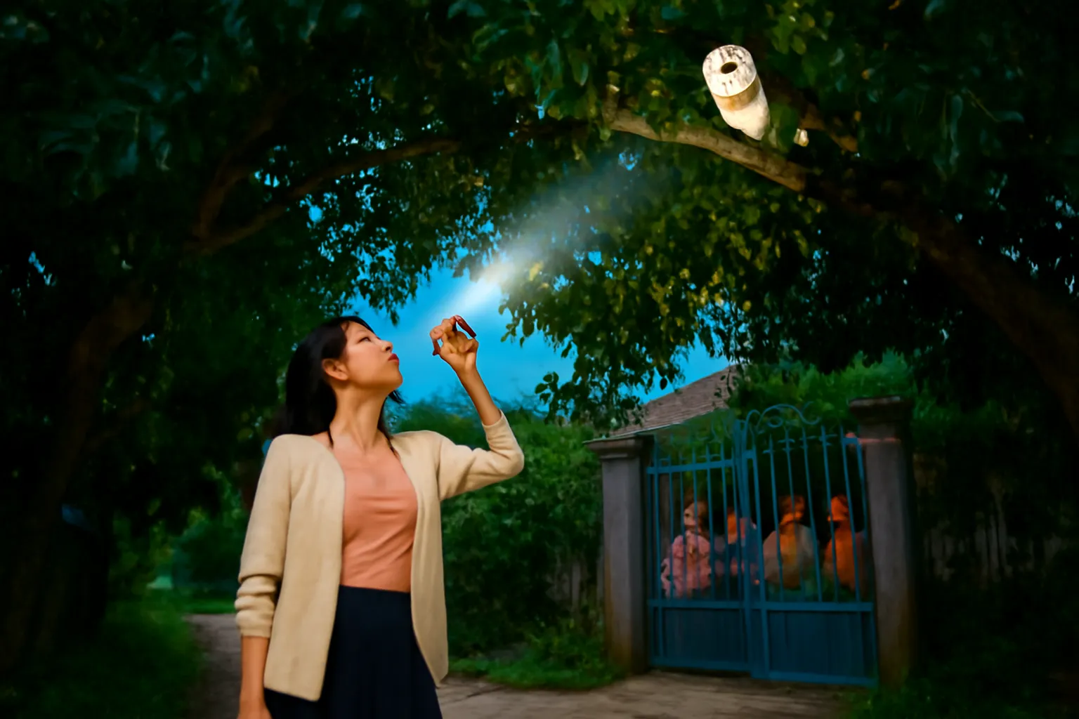 Cô gái trẻ cầm đèn pin chiếu lên tán cây nhãn già trong đêm, bóng trắng trên cành
