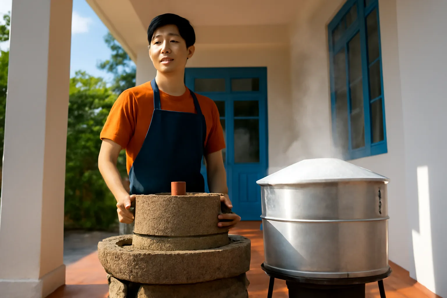 Chàng trai trẻ đứng cạnh cối đá cũ ngoài hiên nhà bên chiếc nồi tráng bánh cuốn