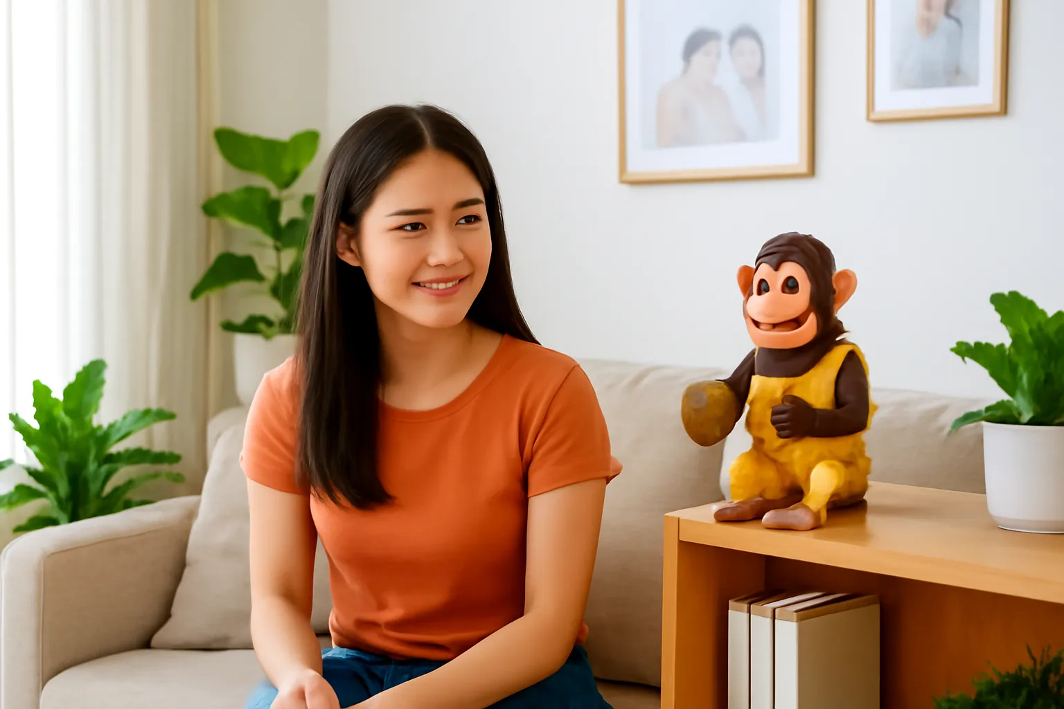 Cô gái trẻ ngồi trên ghế sofa nhìn con khỉ đồ chơi cũ cầm chũm chọe trên kệ