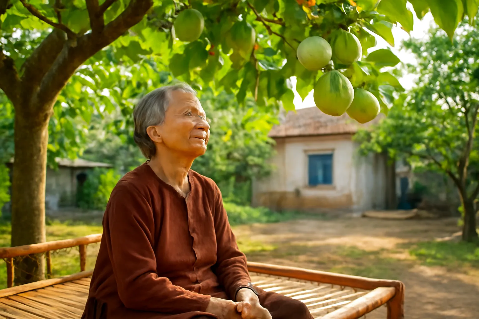 Cụ bà ngồi trên chõng tre dưới gốc ổi trĩu quả, nhìn lên tán lá buổi chiều