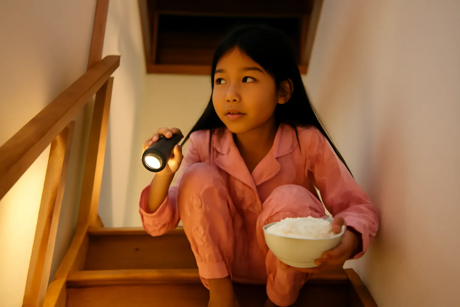 Cô bé cầm đèn pin ngồi trên bậc cầu thang gỗ dẫn lên gác xép