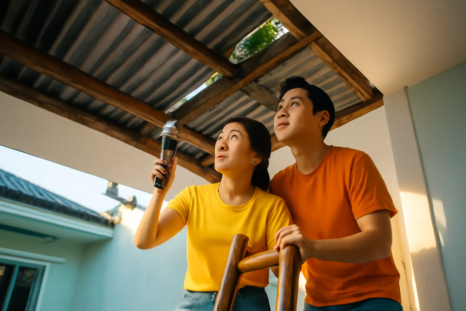 Cặp vợ chồng trẻ đứng trên thang ngó lên khoảng hở giữa mái tôn và trần nhà