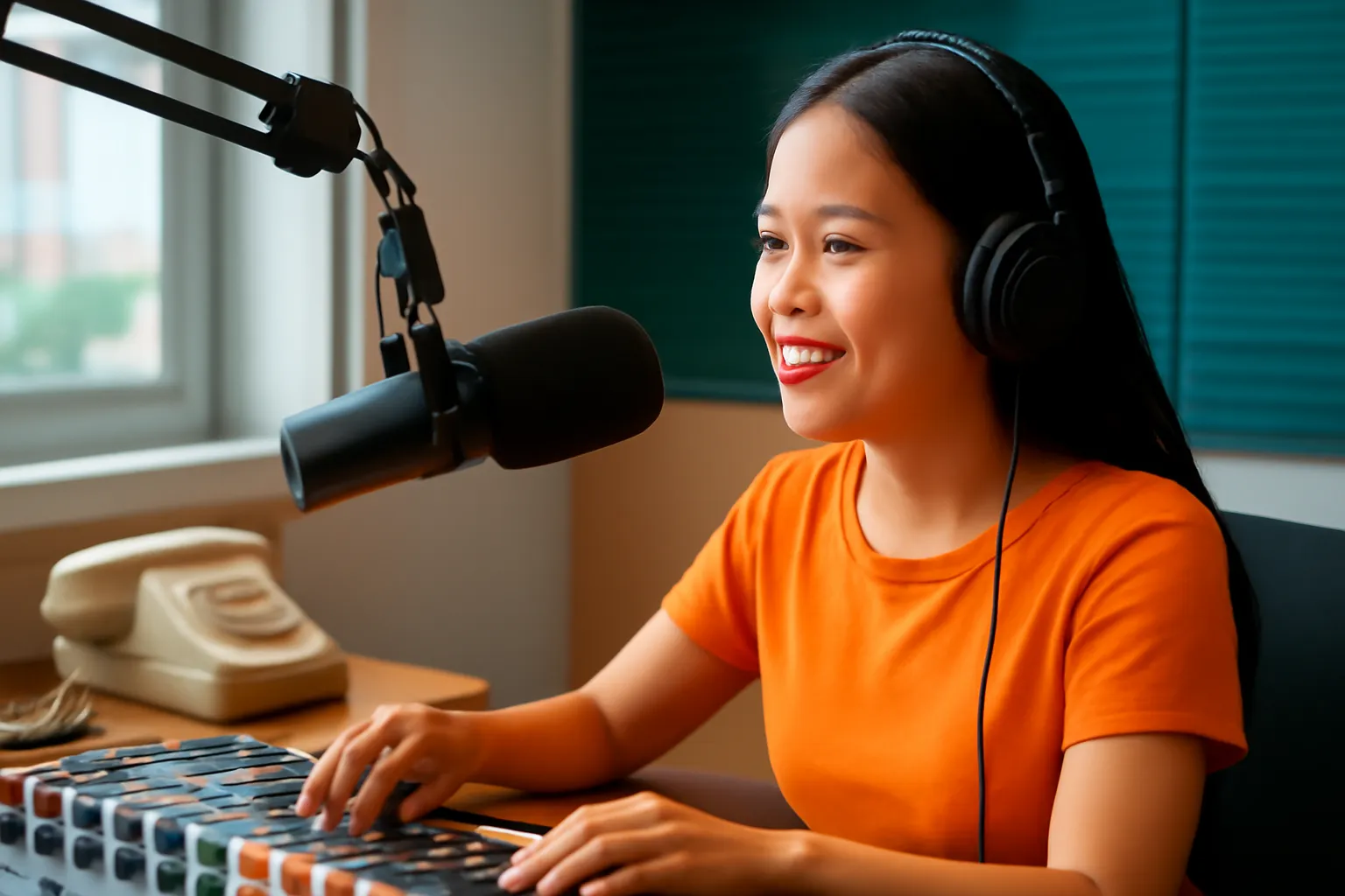 Cô gái đeo tai nghe ngồi trước bàn trộn âm trong phòng thu nhỏ ban đêm