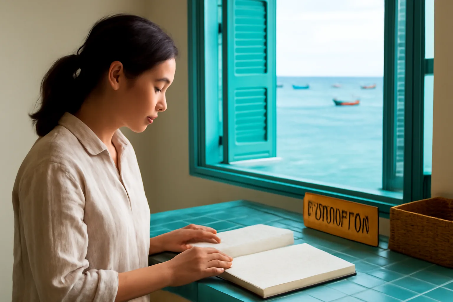 Người phụ nữ đọc cuốn sổ bìa vải ở quầy lễ tân homestay nhìn ra biển buổi sáng