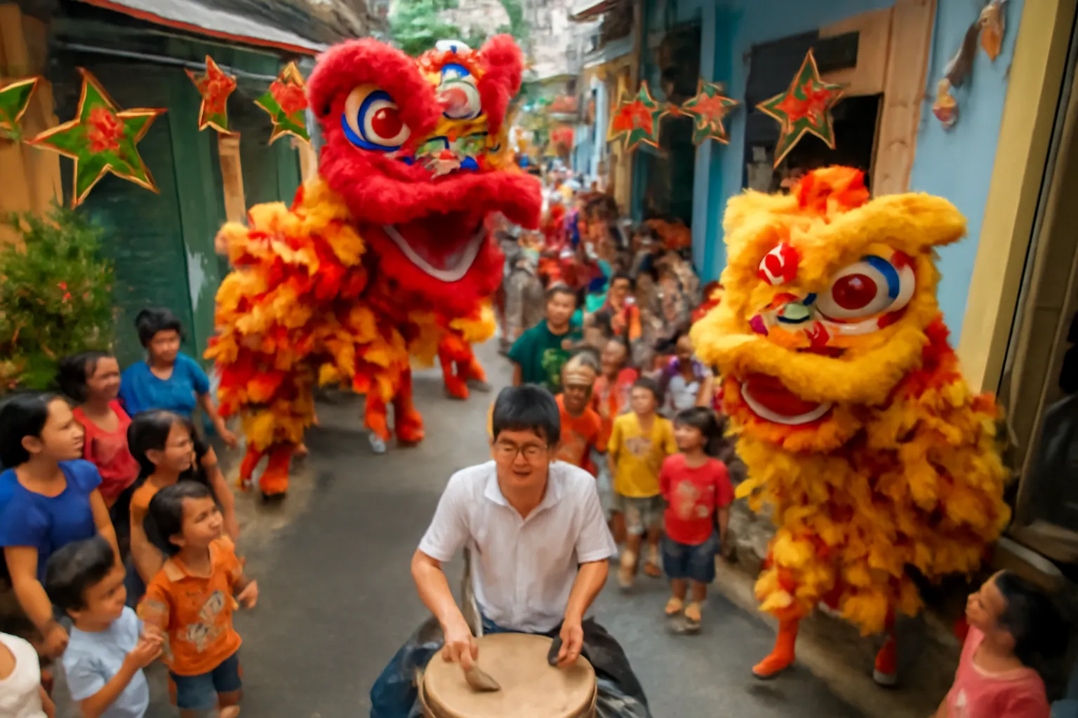 Đội múa lân trẻ biểu diễn trên phố đêm Trung thu, người đánh trống áo trắng giữa đèn lồng