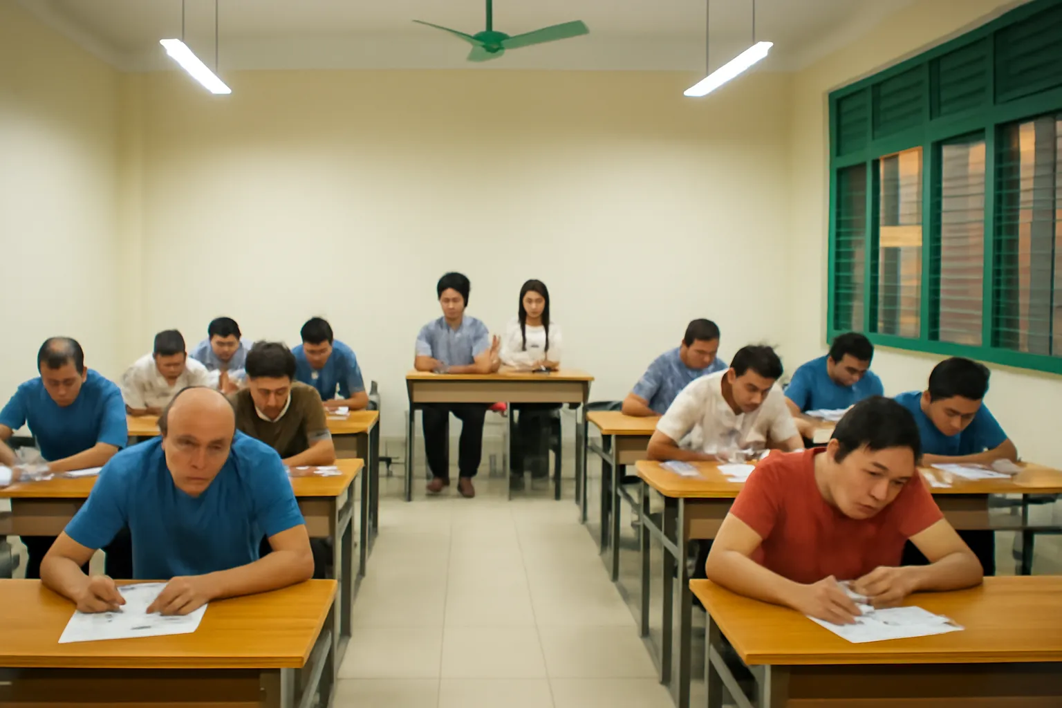Phòng thi buổi tối với các học viên lớn tuổi cúi đầu làm bài dưới ánh đèn huỳnh quang