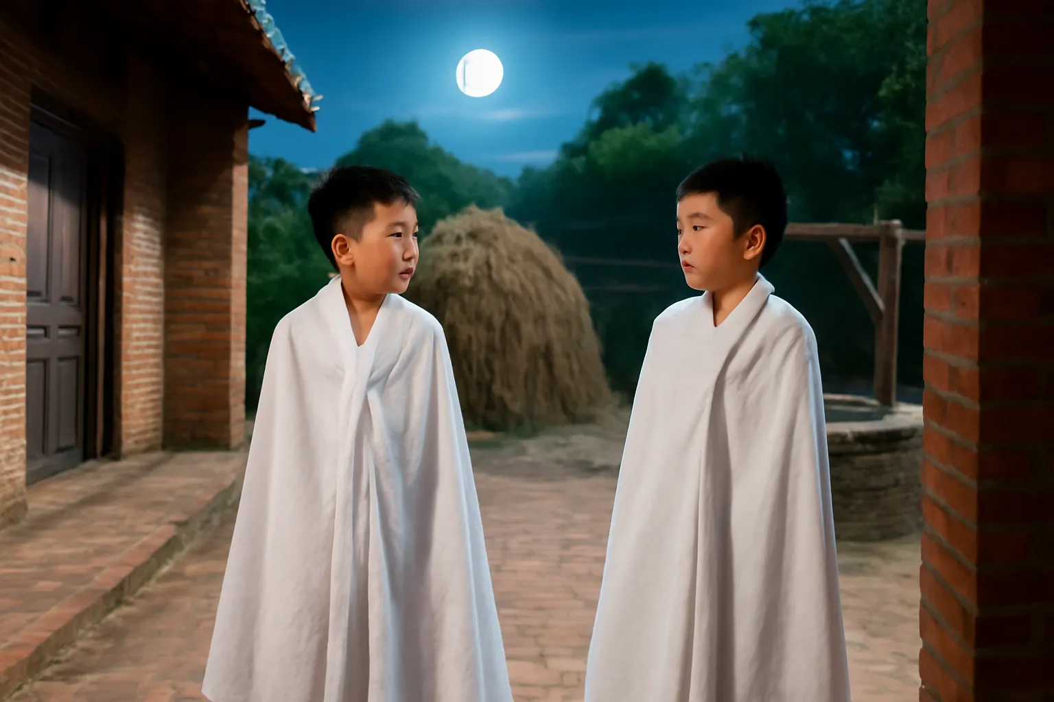 Hai cậu bé trùm chăn trắng đứng giữa sân gạch quê dưới trăng, nhìn nhau ngơ ngác