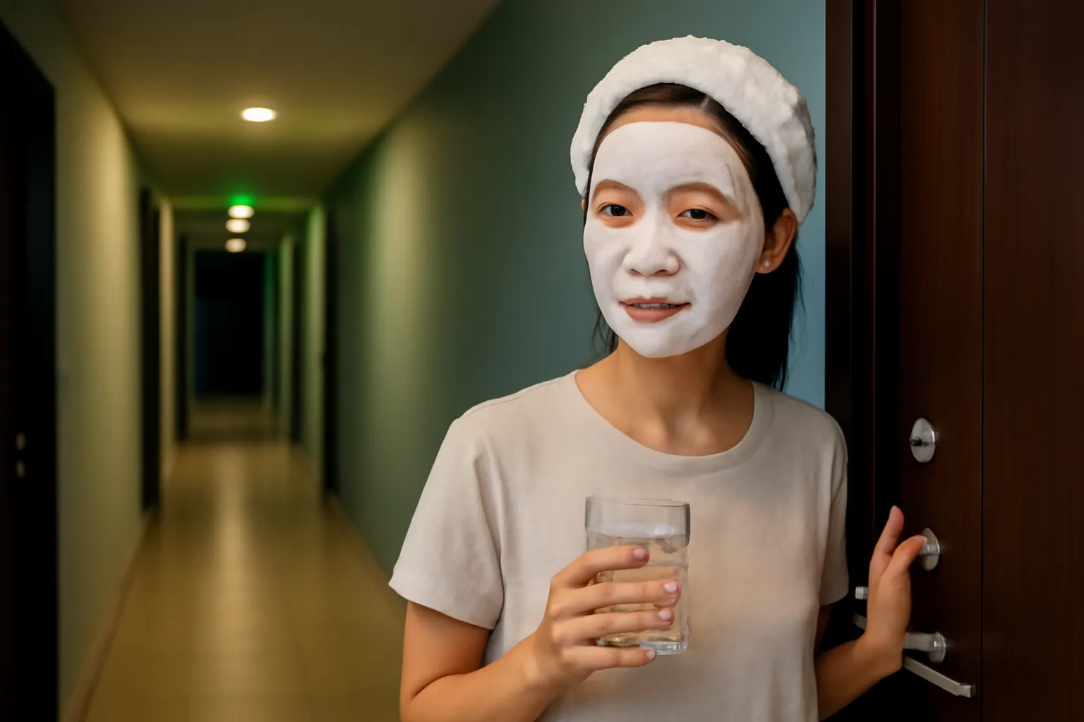 Cô gái trẻ đắp mặt nạ giấy trắng đứng ở cửa căn hộ, tay cầm cốc nước giữa đêm