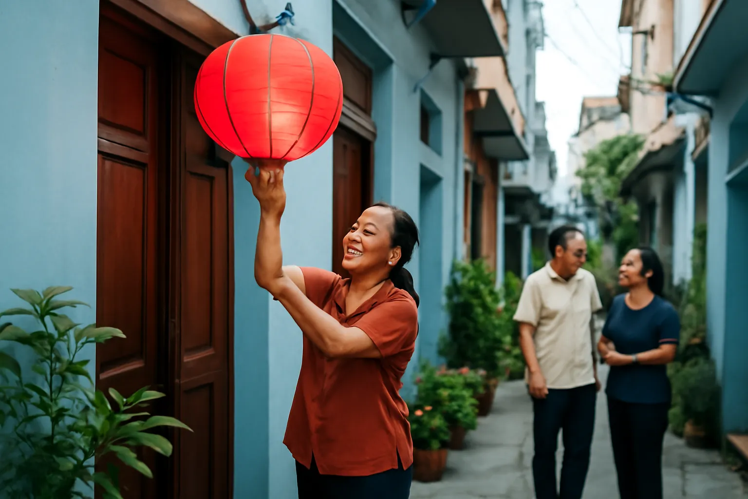 Người phụ nữ trung niên treo chiếc đèn lồng đỏ trước cửa nhà trong ngõ nhỏ