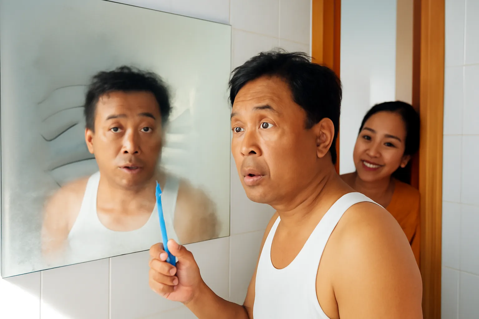 Người đàn ông trung niên đứng trước gương nhà tắm mờ hơi nước đầy chữ viết tay